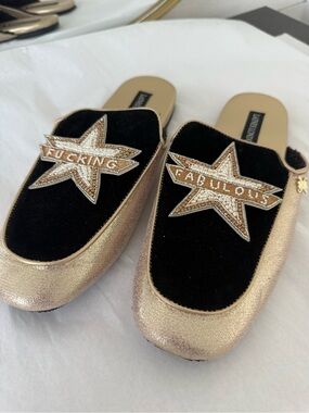 Fu$king Fabulous Laines London Gold Metallic Black Star-Embellished Slip-On Mule
